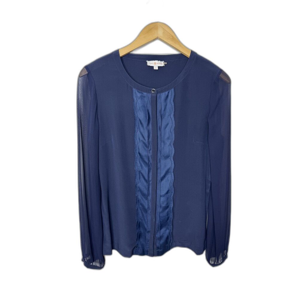 Tory Burch silk blouse sheer long sleeves navy size 8